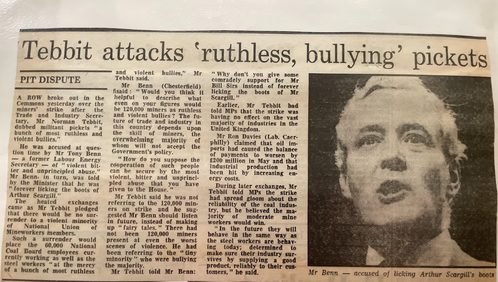 An article from the Guardian published on the 5th of July 1984, about Conservative MP Norman Tebbit (the Secretary of State for Trade and Industry at the time) calling pickets "a bunch of most ruthless and violent bullies."