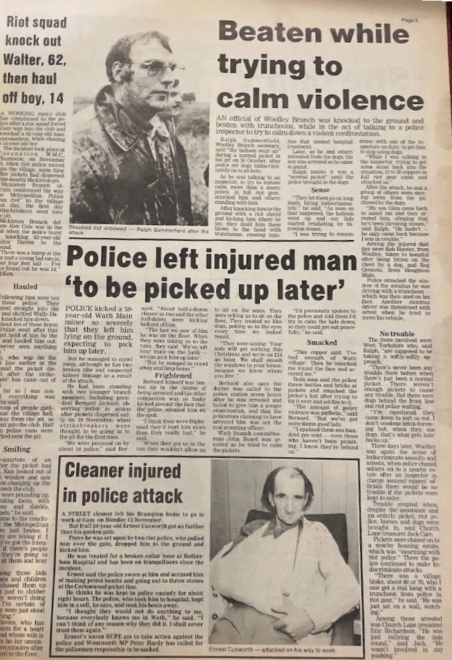 An article published by The Yorkshire Miner, featuring stories of picketers being attacked by police
