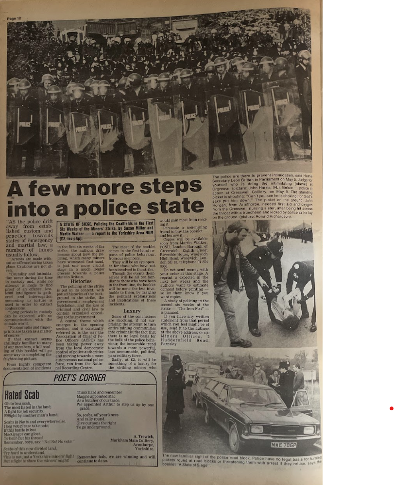 An article from the Yorkshire Miner, showing photos of police officers detaining picketers during the Orgreave incident