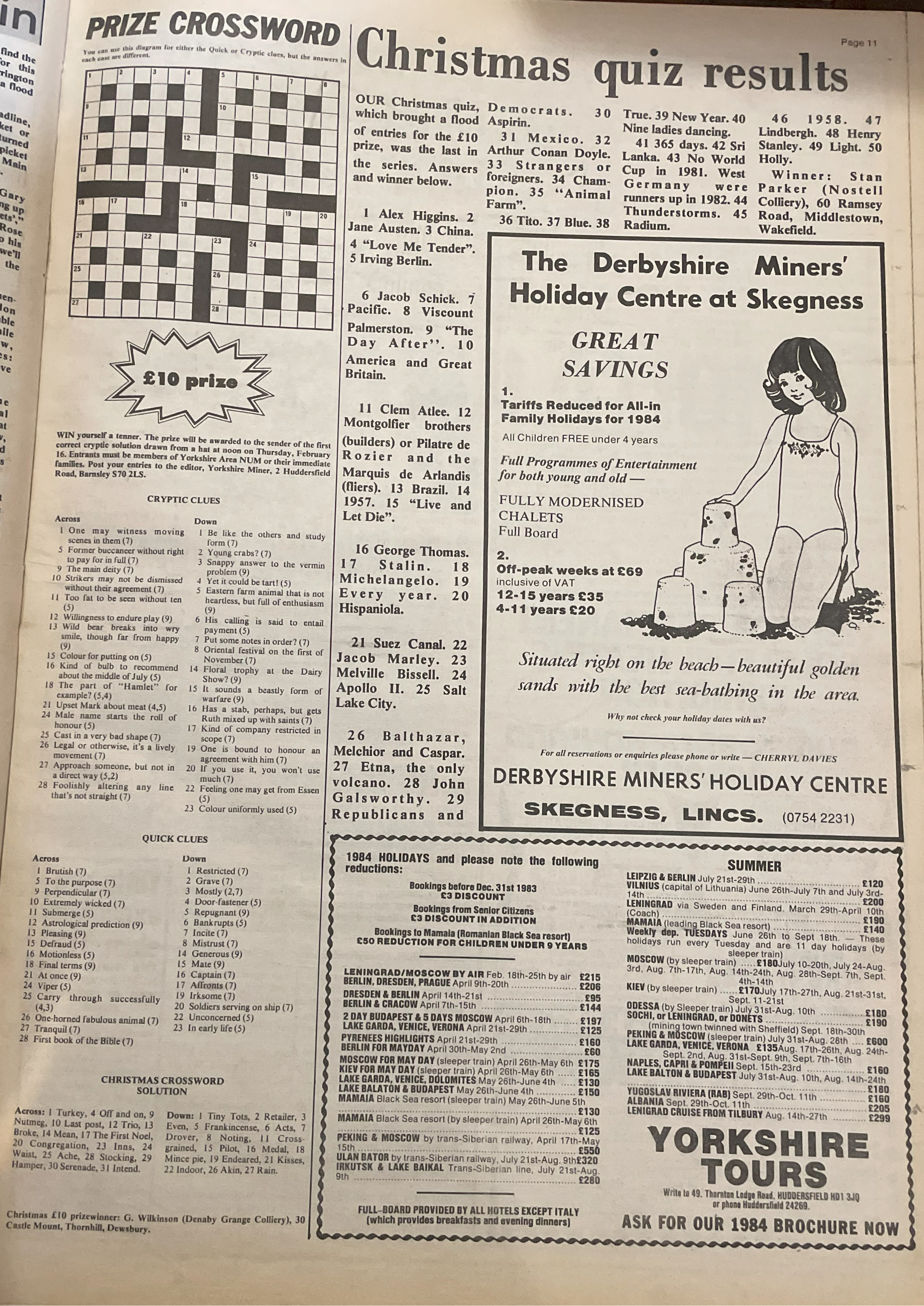 An entertainment page from The Yorkshire Miner during the festive period of 1984, featuring a crossword, an advertisement for a holiday centre in Skegness and a Christmas quiz