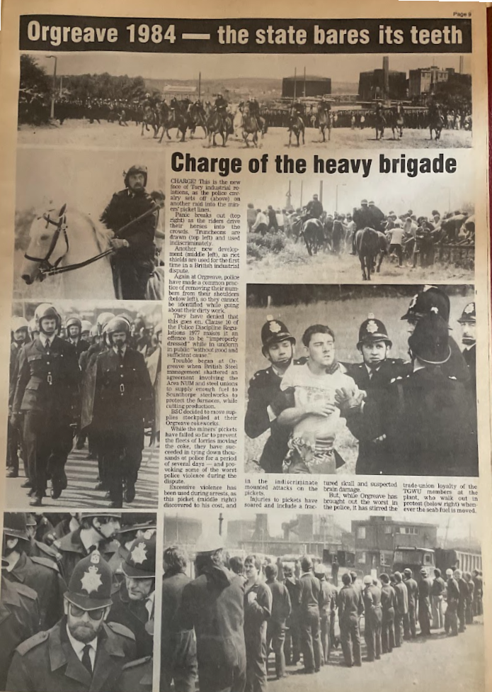 The Front page of The Yorkshire Miner covering what happened at Orgreave, featuring police on horses and groups of police in uniforms